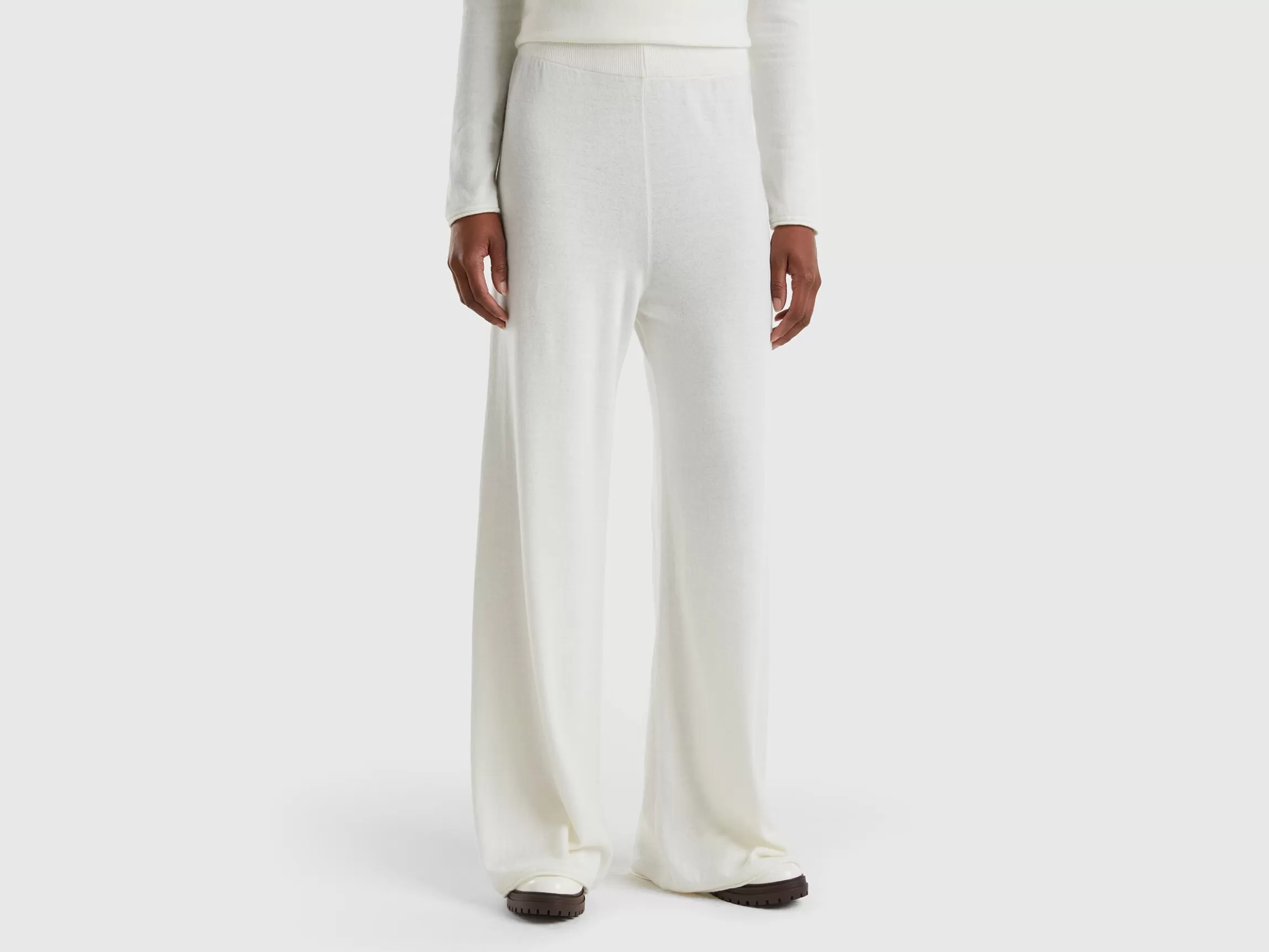 United Colors of Benetton Cream white wide trousers in cashmere and wool blend