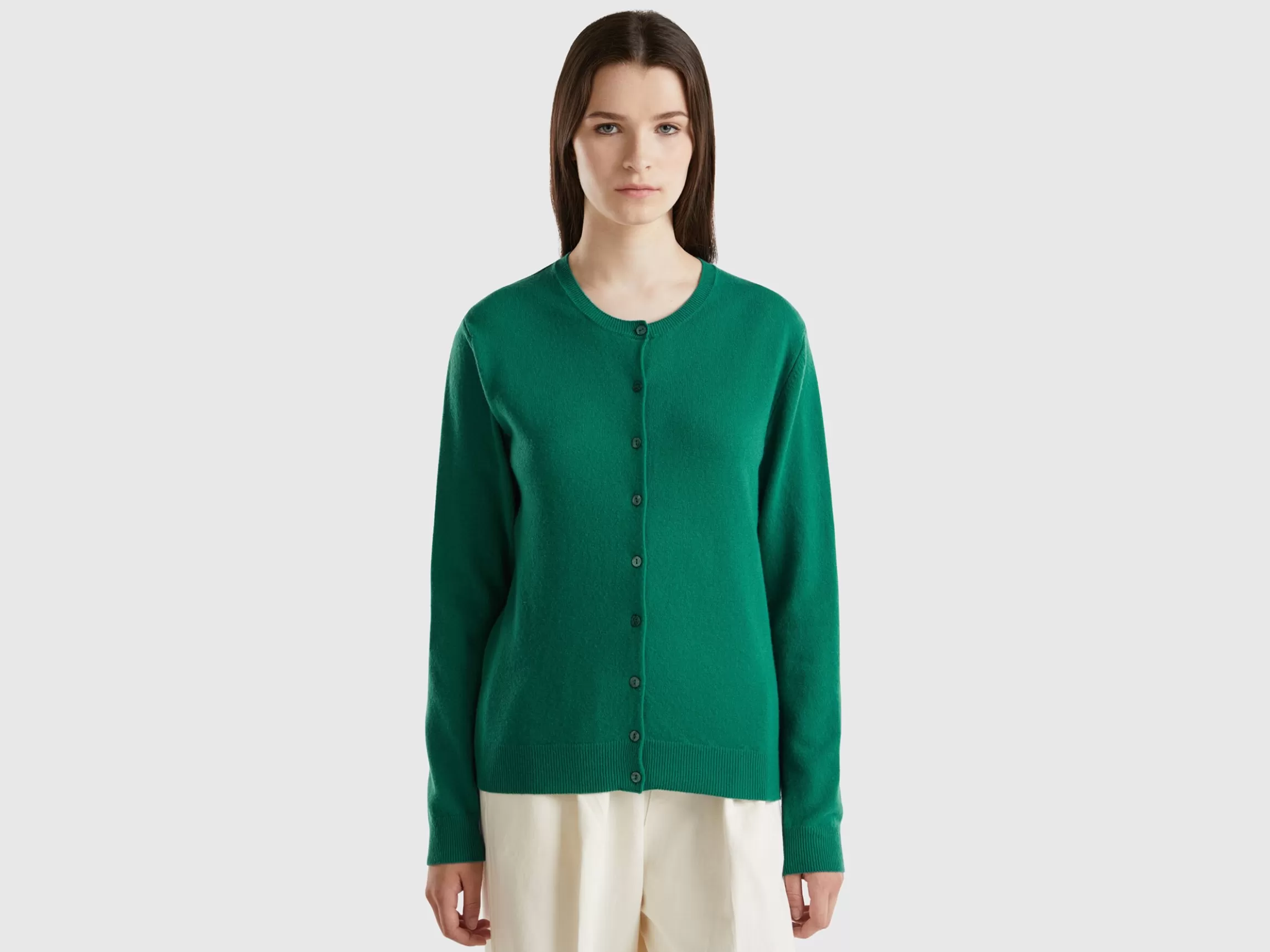 United Colors of Benetton Forest green crew neck cardigan in pure Merino wool