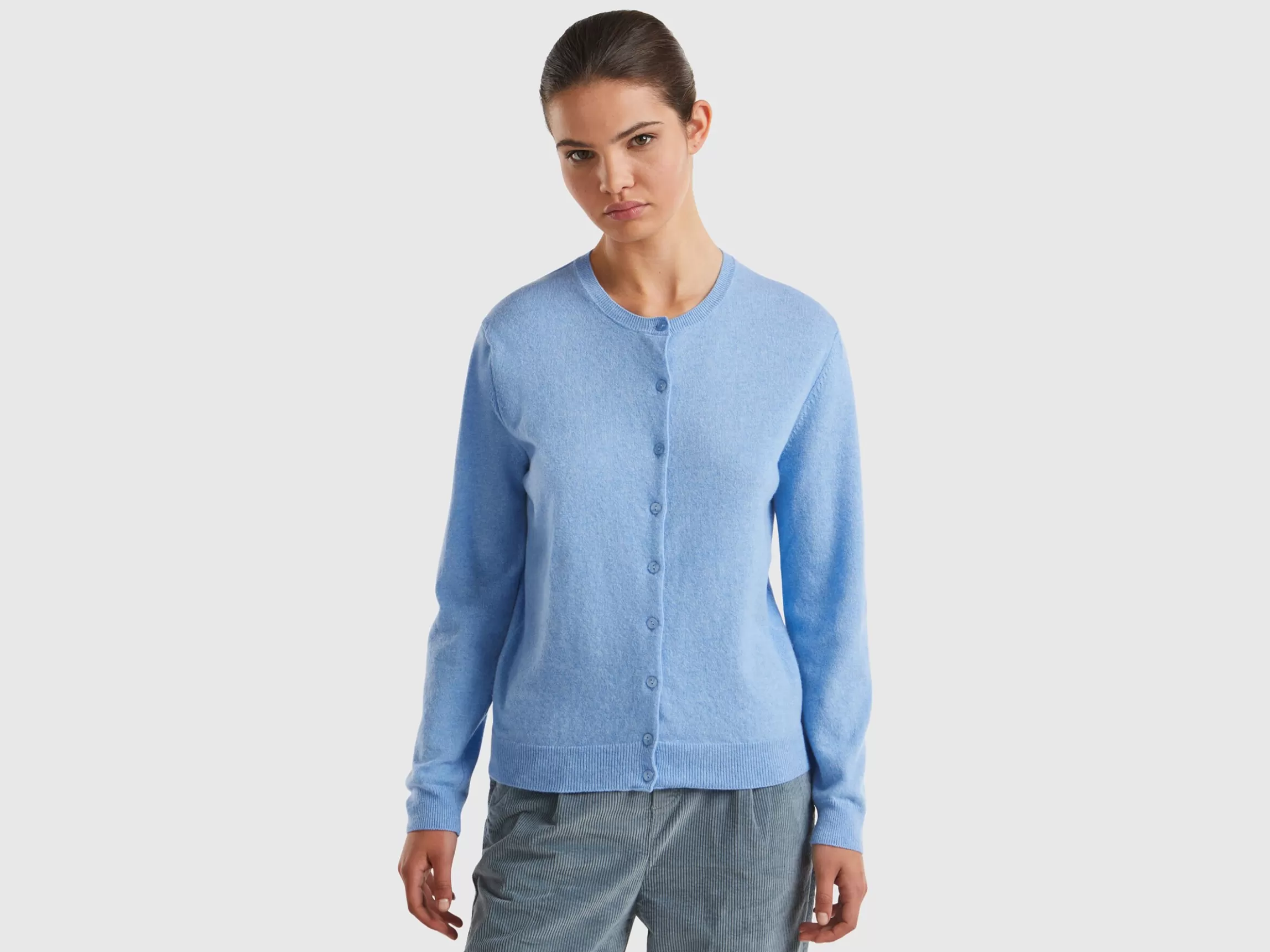 United Colors of Benetton Marl sky blue crew neck cardigan in pure Merino wool