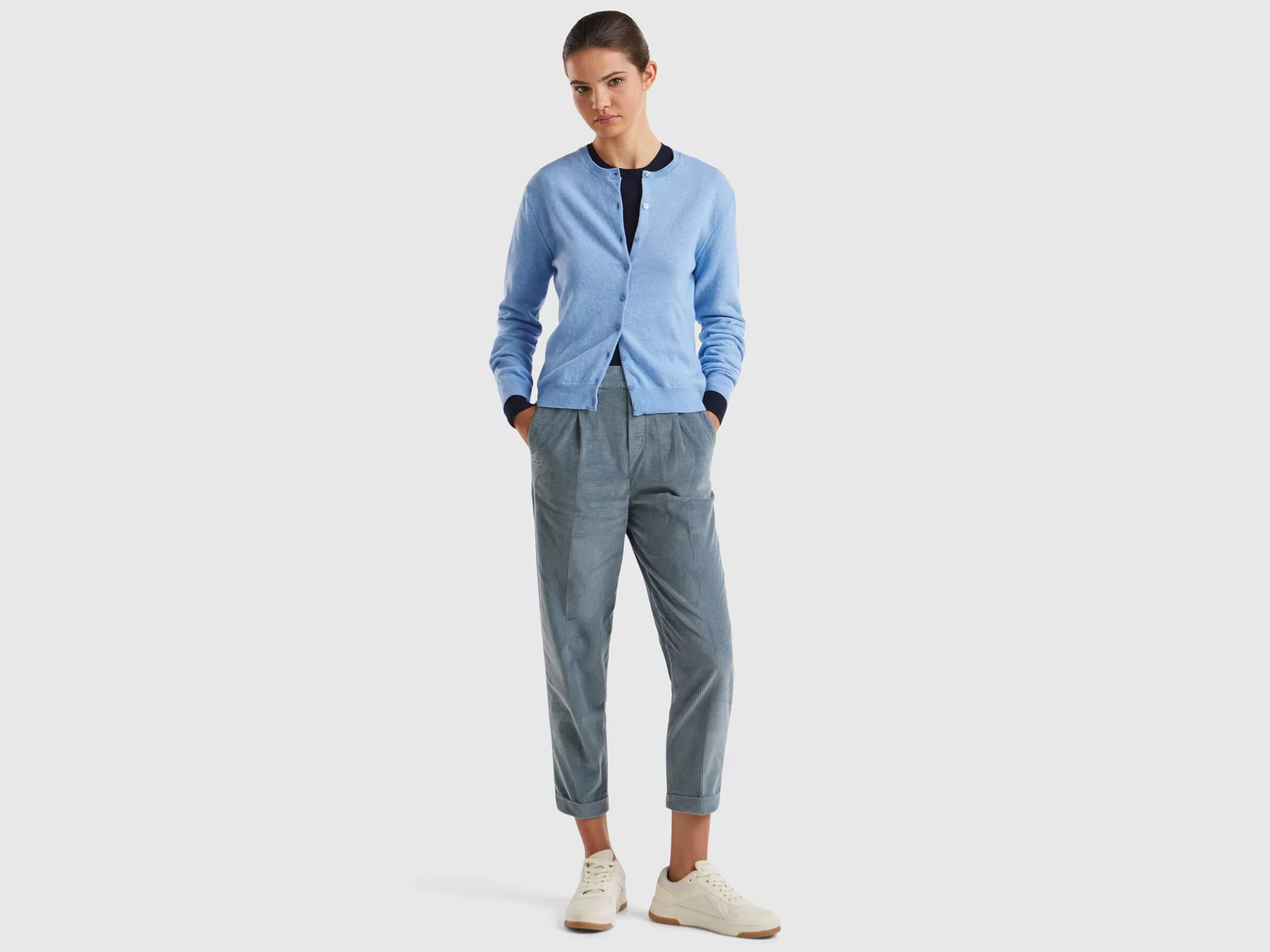 United Colors of Benetton Marl sky blue crew neck cardigan in pure Merino wool