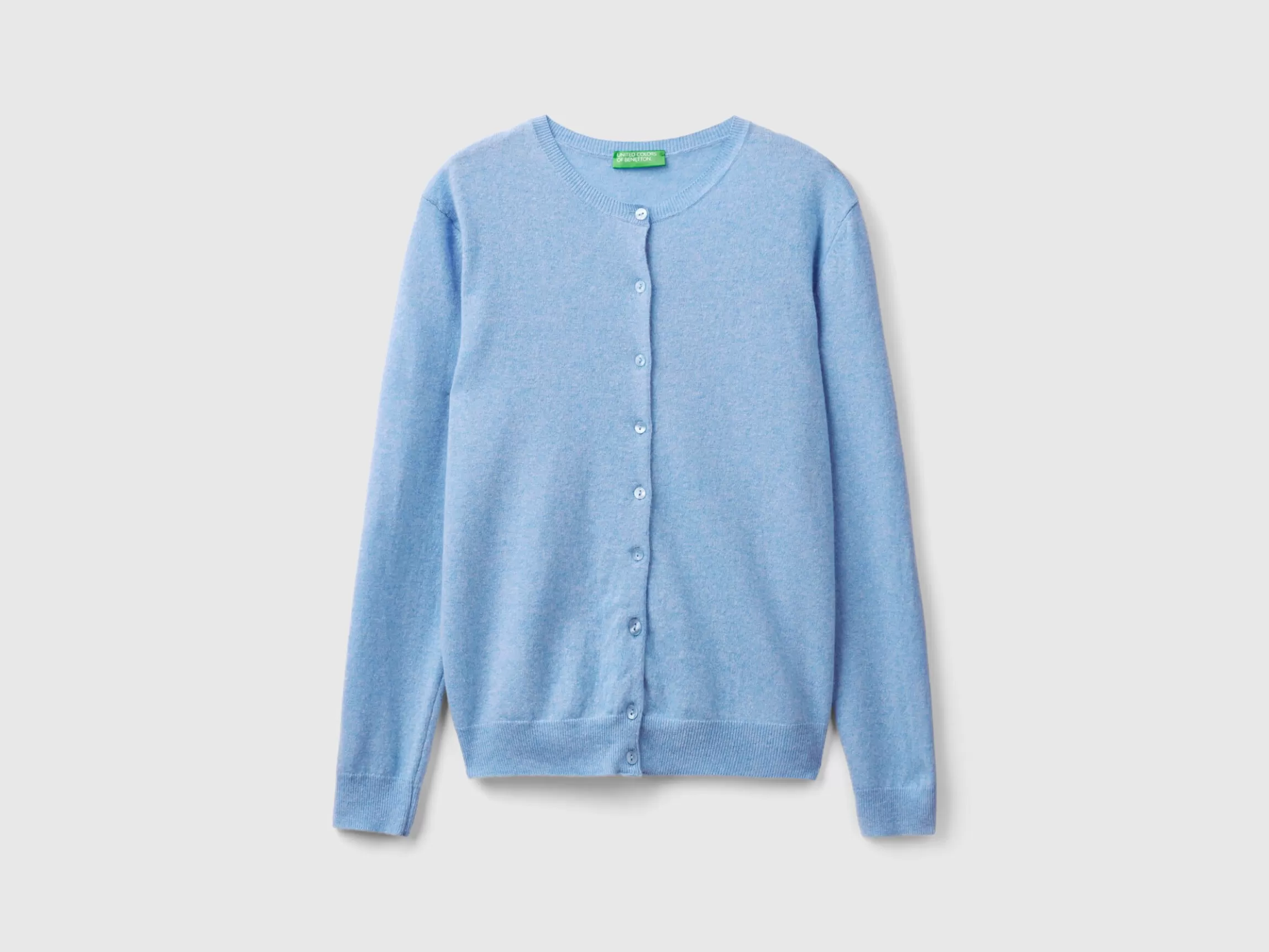 United Colors of Benetton Marl sky blue crew neck cardigan in pure Merino wool