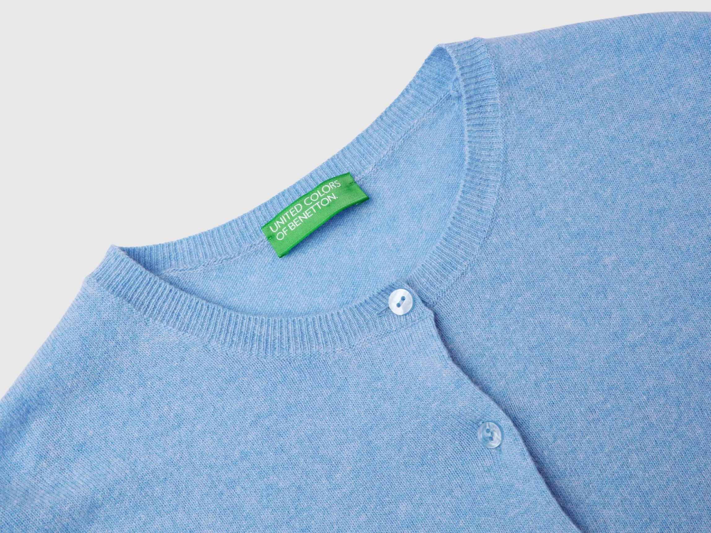 United Colors of Benetton Marl sky blue crew neck cardigan in pure Merino wool