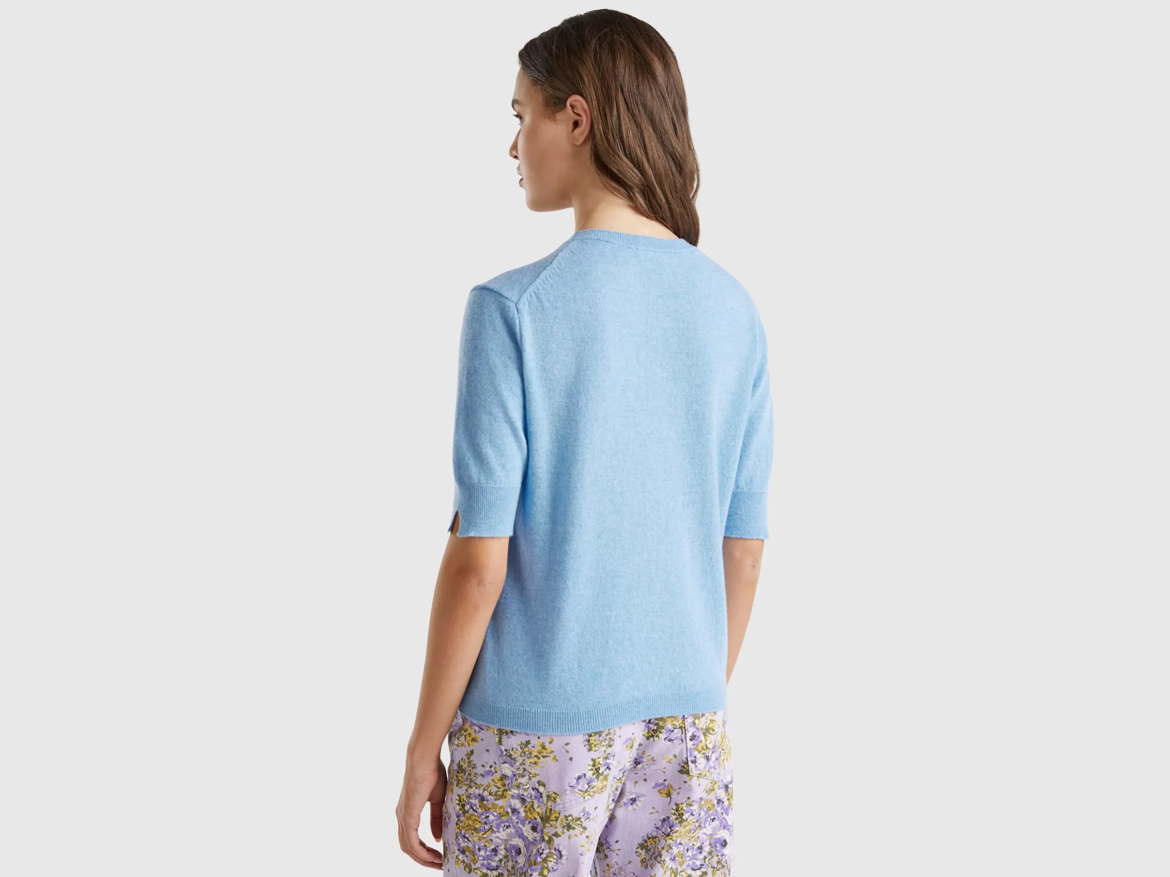 United Colors of Benetton Marl sky blue short sleeve sweater in pure Merino wool