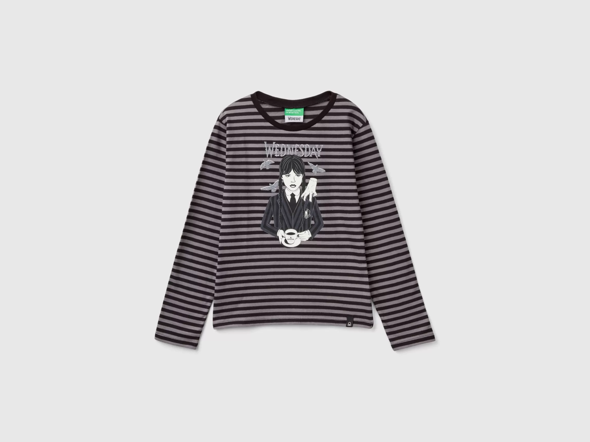 United Colors of Benetton Striped gray and black Wednesday Addams t-shirt